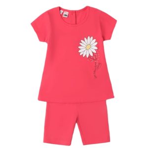 Completo IDO in cotone estivo per bambina con t-shirt e ciclista corallo, tema margherita