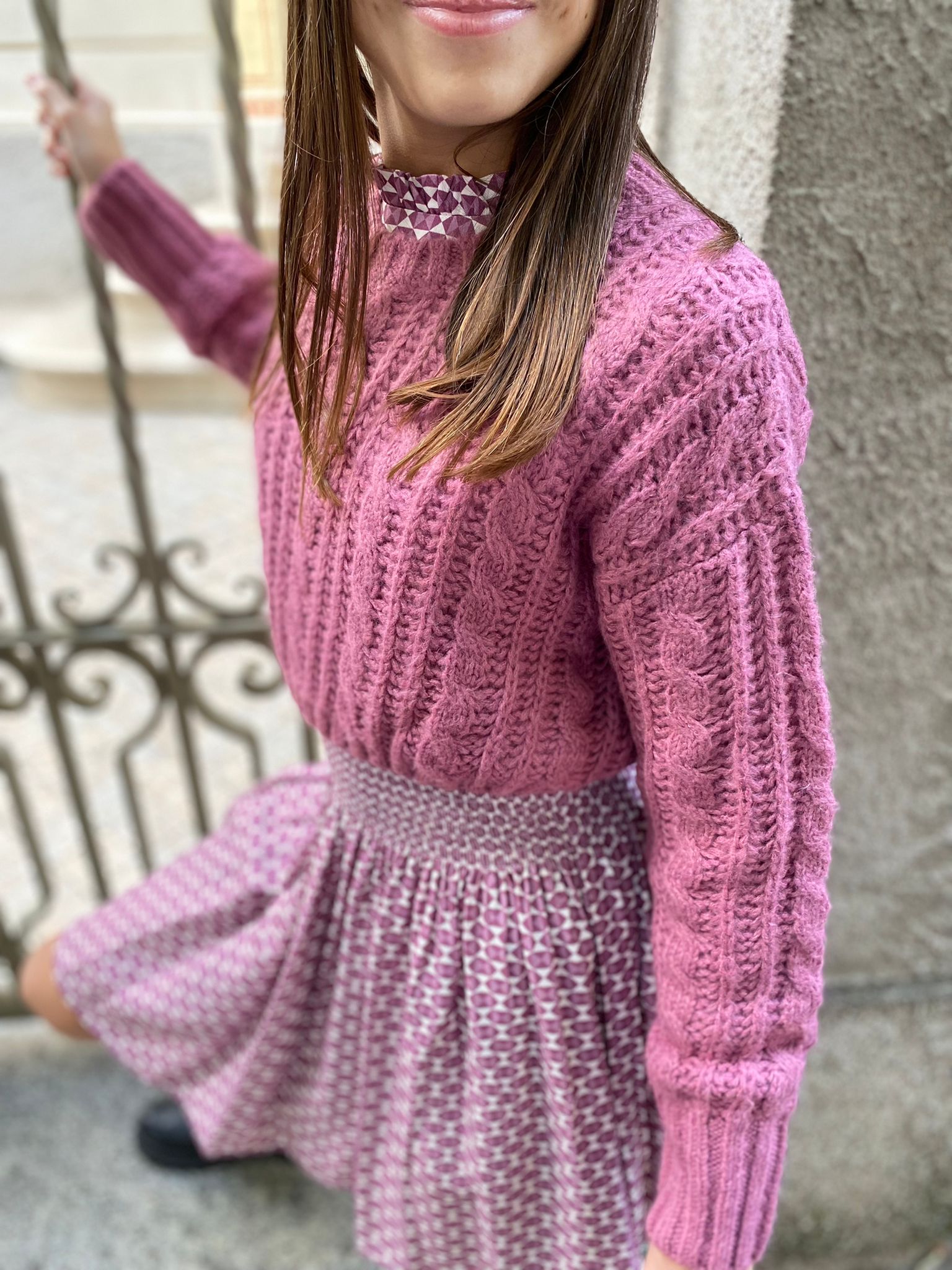Abito IDO per ragazza color prugna con motivo + maglioncino in tricot color prugna - immagine 7