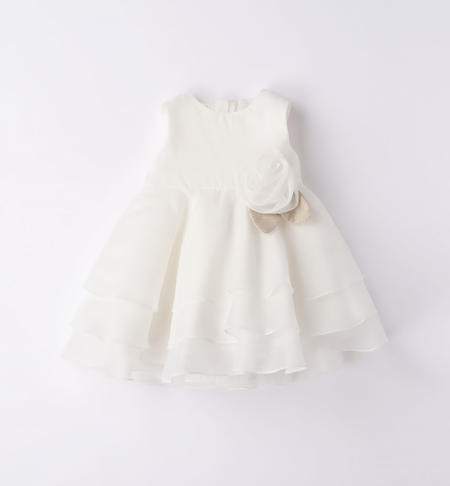 Abito vestito in voile IDO per neonata color avorio con tripla balza e fiorellino applicato – cerimonia - immagine 3