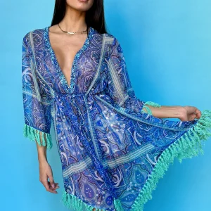 Abito donna ANTICA SARTORIA POSITANO, modello a kimono in fantasia turchese