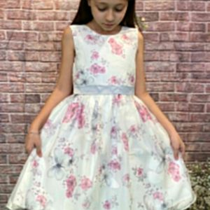 Abito cerimonia HAPPY GIRL per ragazza in chiffon color bianco in fantasia floreale fuxia con farfalle