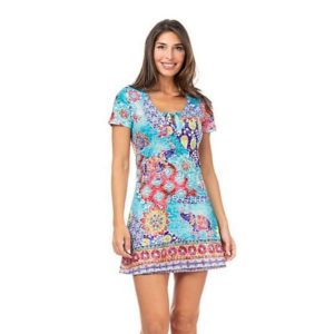 Abito donna PEACE & LOVE, modello tubino in maglia in fantasia floreale su base azzurra