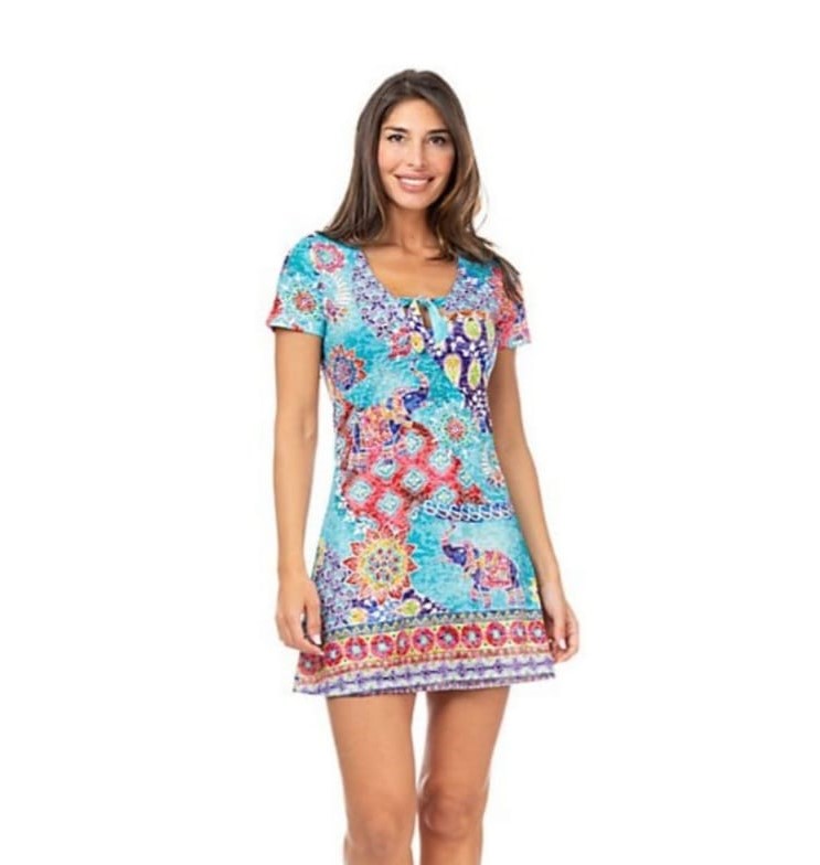 Abito donna PEACE & LOVE, modello tubino in maglia in fantasia floreale su base azzurra