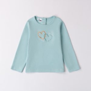T-shirt manica lunga  IDO  per bambina in caldo cotone invernale color verde acqua con cuori