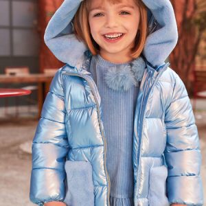 Cappotto piumino IDO invernale per bambina color azzurro con inserti in pelliccetta