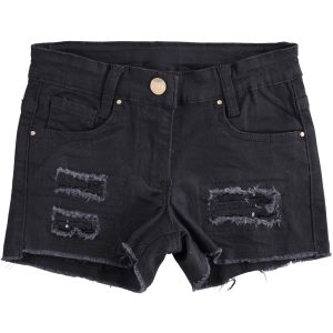 Short IDO in tessuto twill di cotone, color nero con strappi e paillettes
