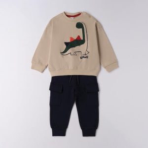 Completo  tuta IDO invernale color beige con dinosauro centrale + pantalone tuta blu